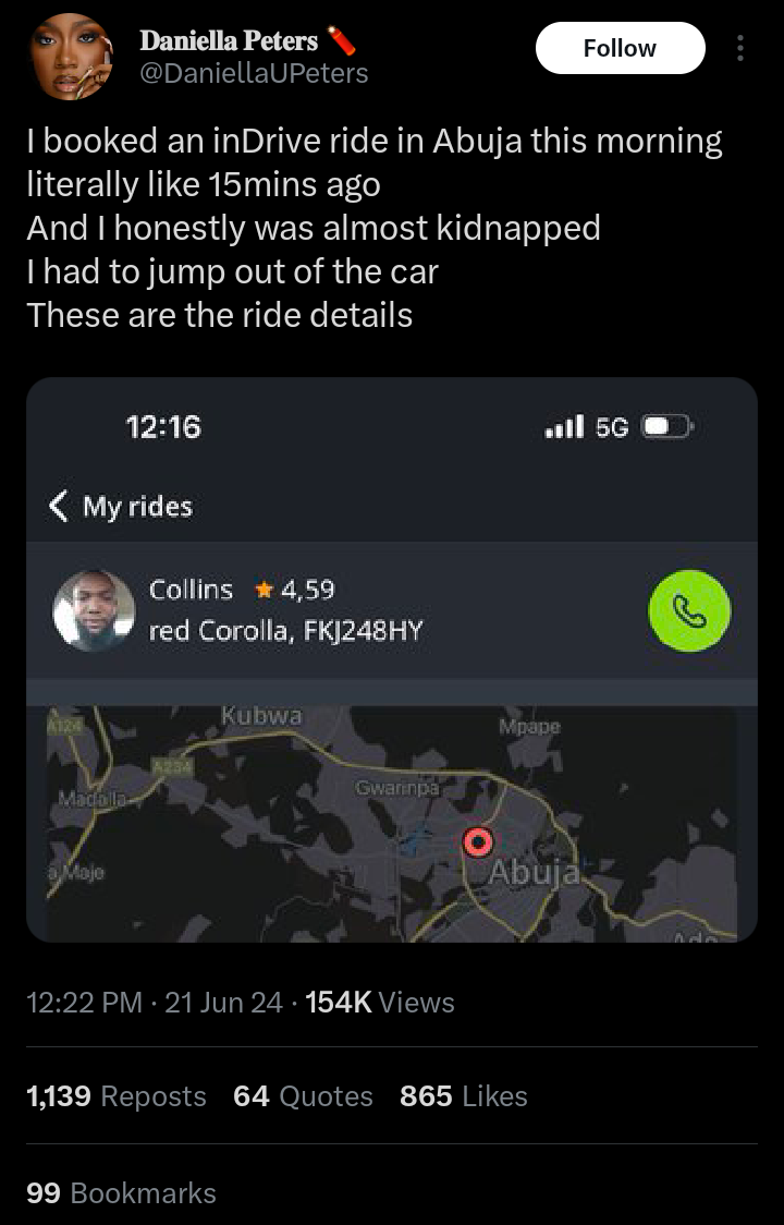 BBNaija  Daniella Peters' narrates Kidnap attempt by a inDrive driver