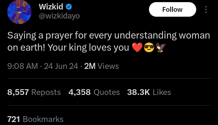 Outrage as Wizkid sends message to 'Understanding women'