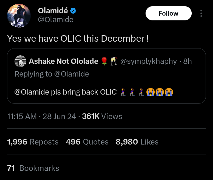 Olamide announces return of OLIC concert in December 2024 