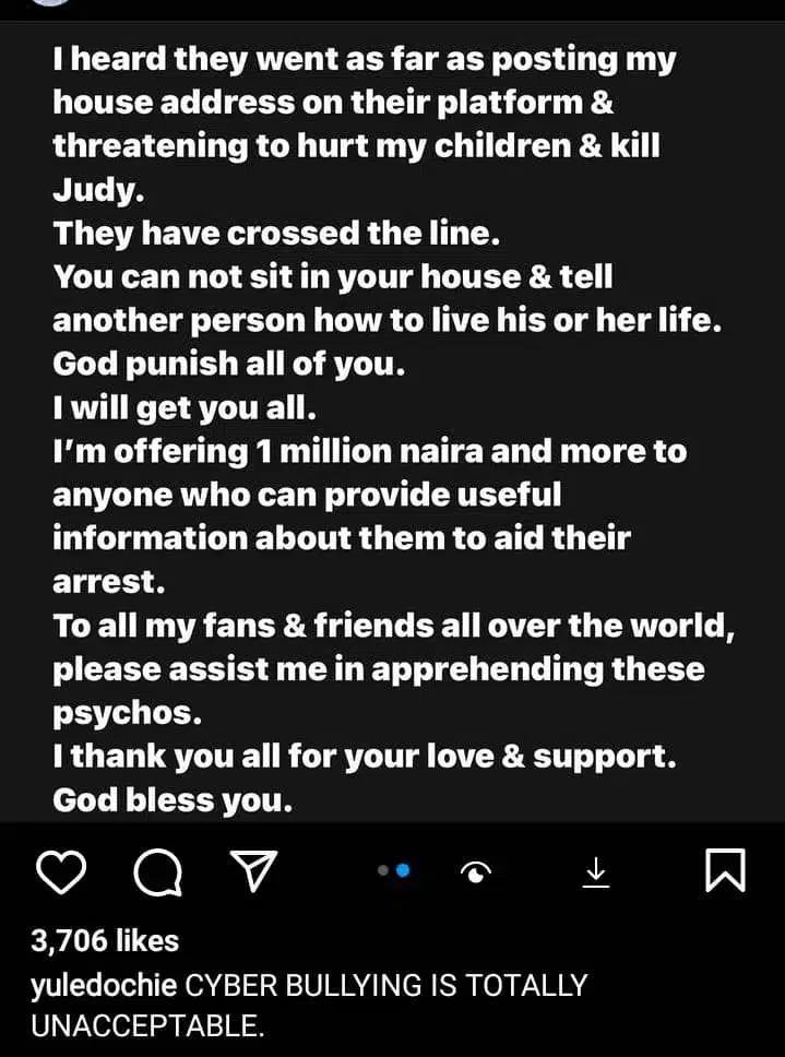 Yul Edochie exclaims threat to family's life, offers N1M to anyone with Bullies' info