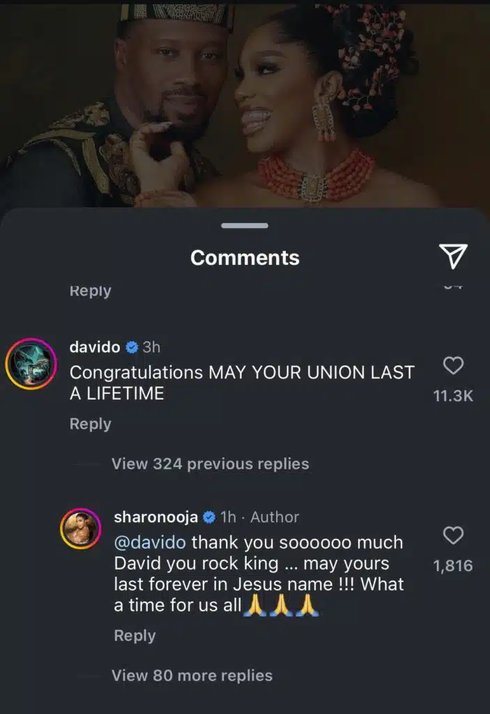 Davido and Sharon Ooja exchange CONGRATULATIONS on their respective wedding