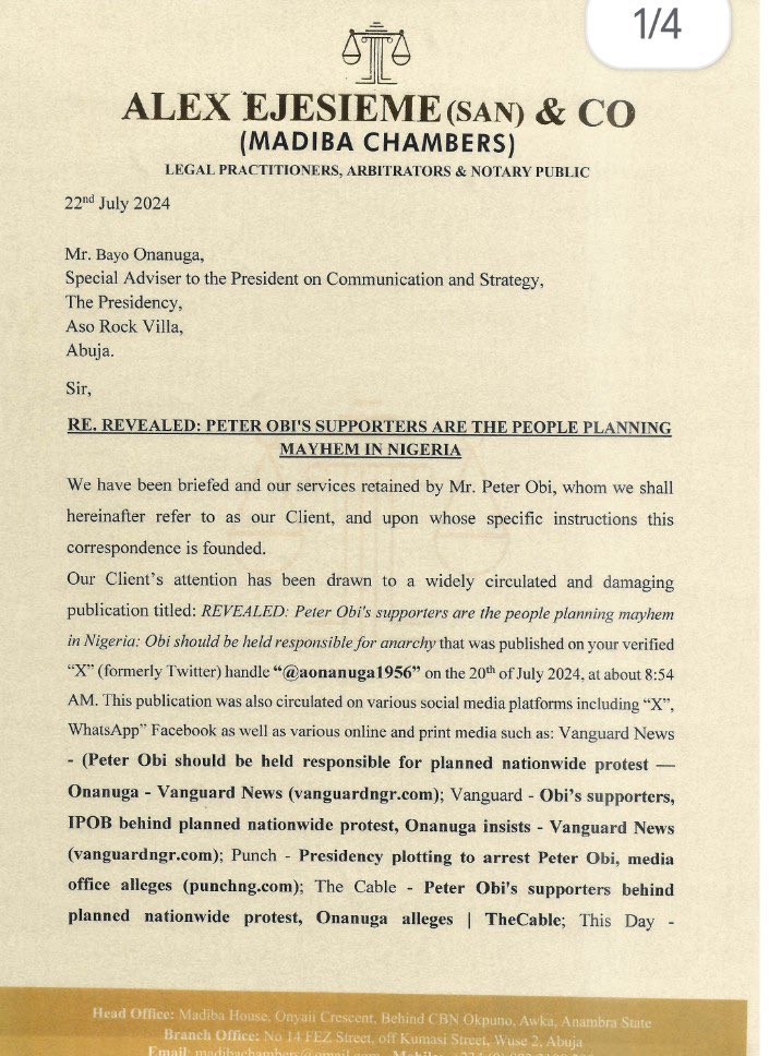 Peter Obi writes Bayo Onanuga, demands apology