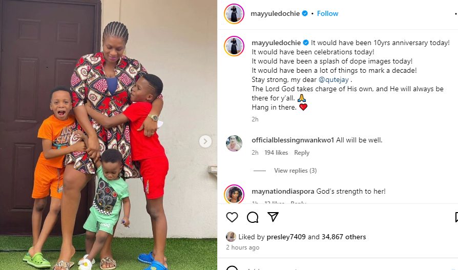 May Yul-Edochie reaches out to late Jnr Pope’s wife