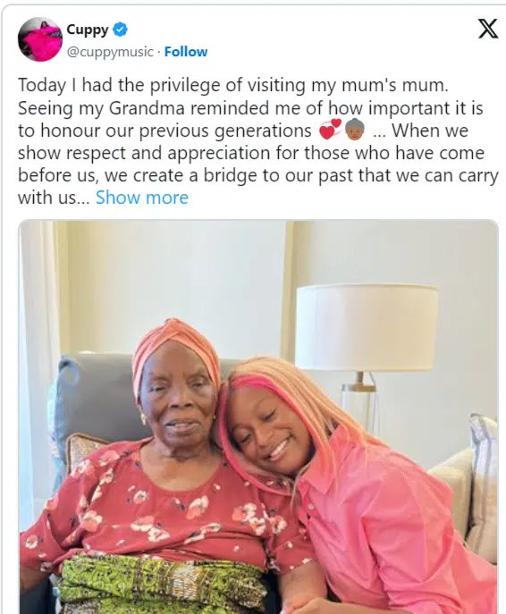 Singer, DJ Cuppy, loses her grandmother