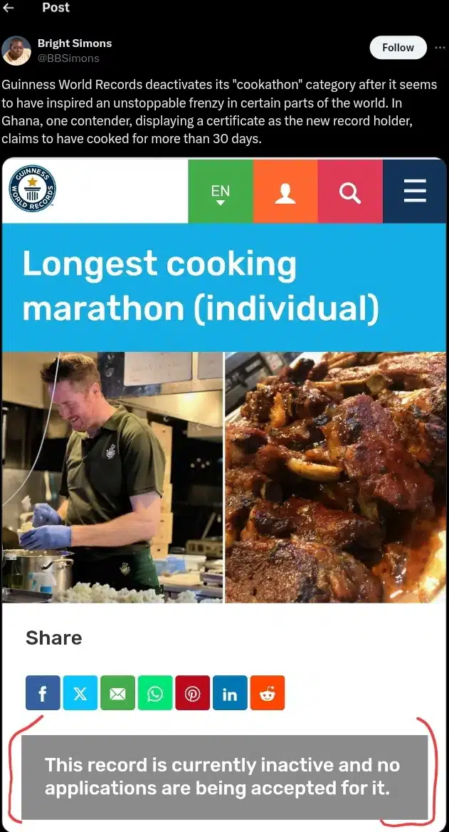 Guinness World Record deactivates "Cook-a-thon" category amidst fraudulent activities 