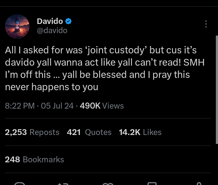 All i ask is JOINT CUSTODY! - Davido continues to vent