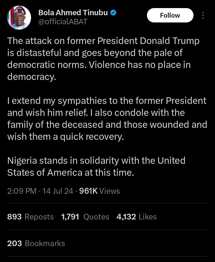 President Tinubu condemns the m3rderous attack on Trump 