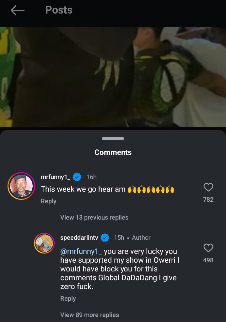 Speed Darlington reacts to Sabinus reply in his comment section