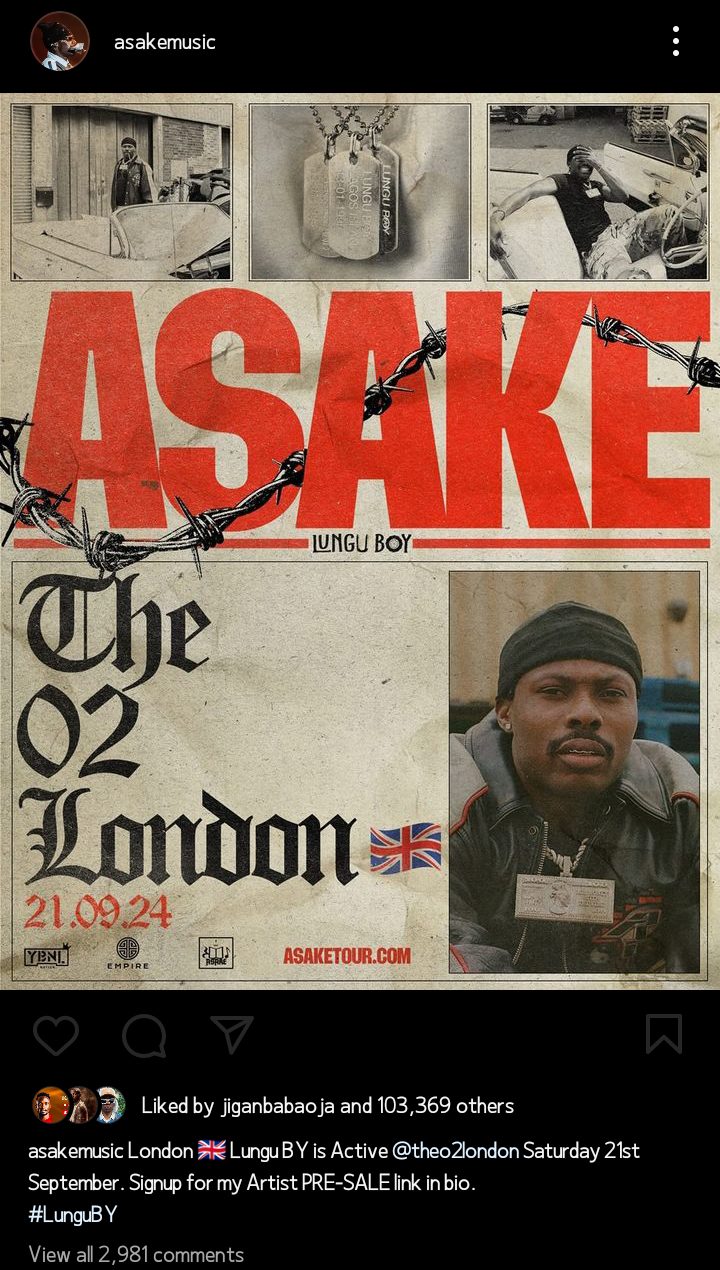Asake to Headline O2 Arena for the second time
