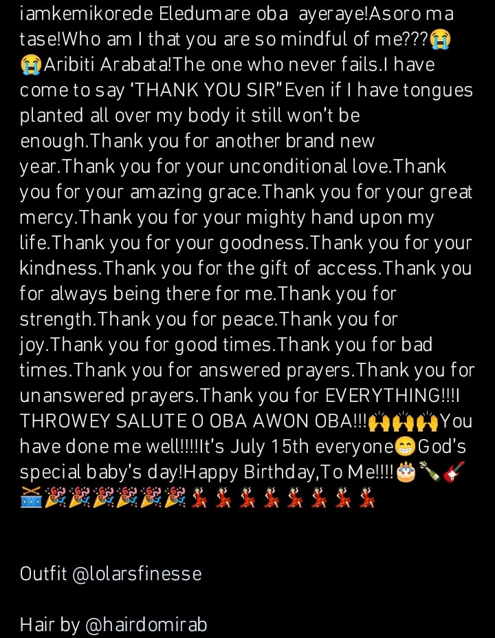 Actress Kemi Korede pens note of gratitude to her creator as she marks her birthday 