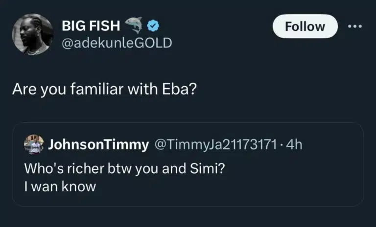 Adekunle blast fan who asked about the richest between Simi and him 