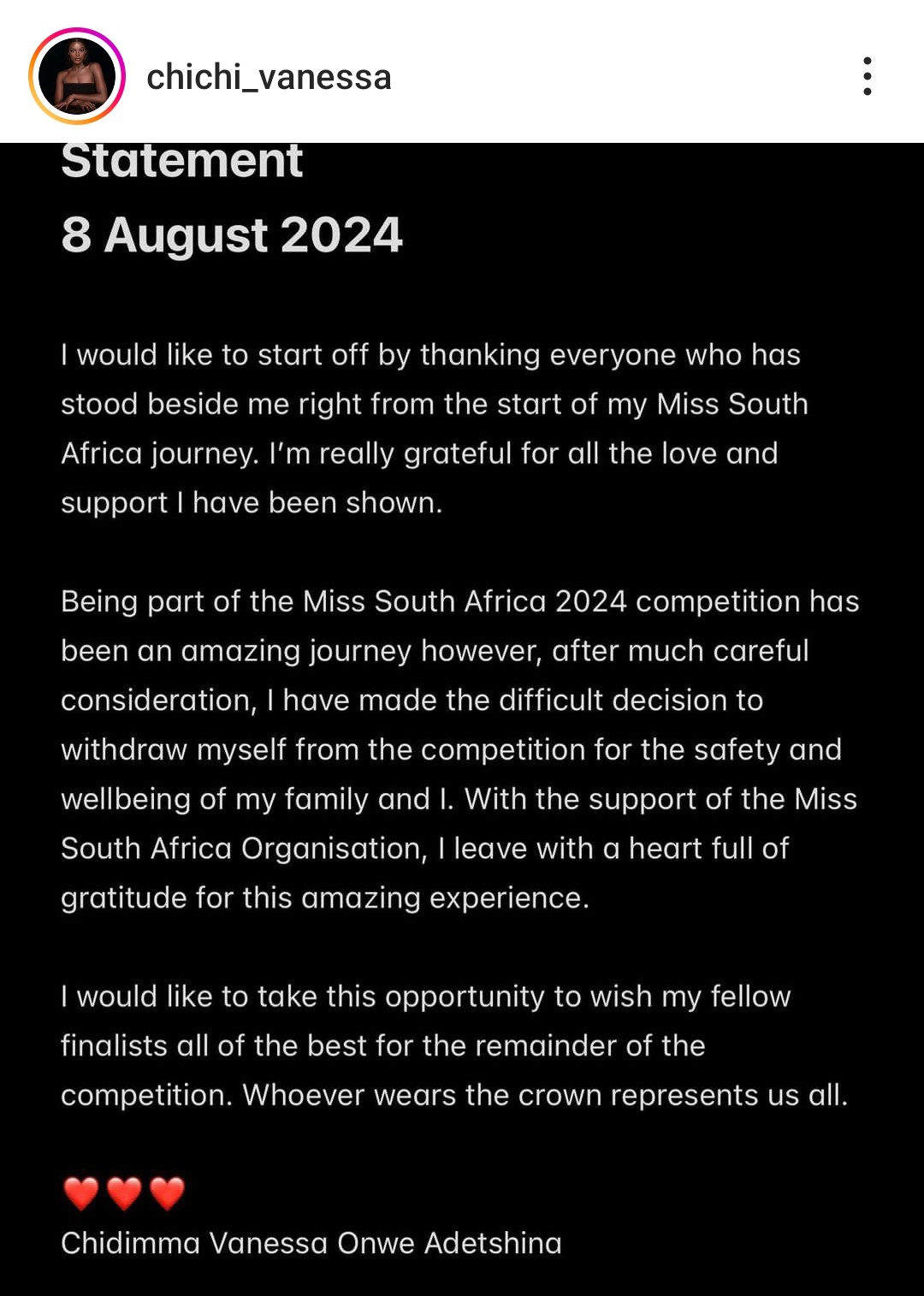 Chidimma Vanessa Adetshina withdraws from South Africa's beauty pageant