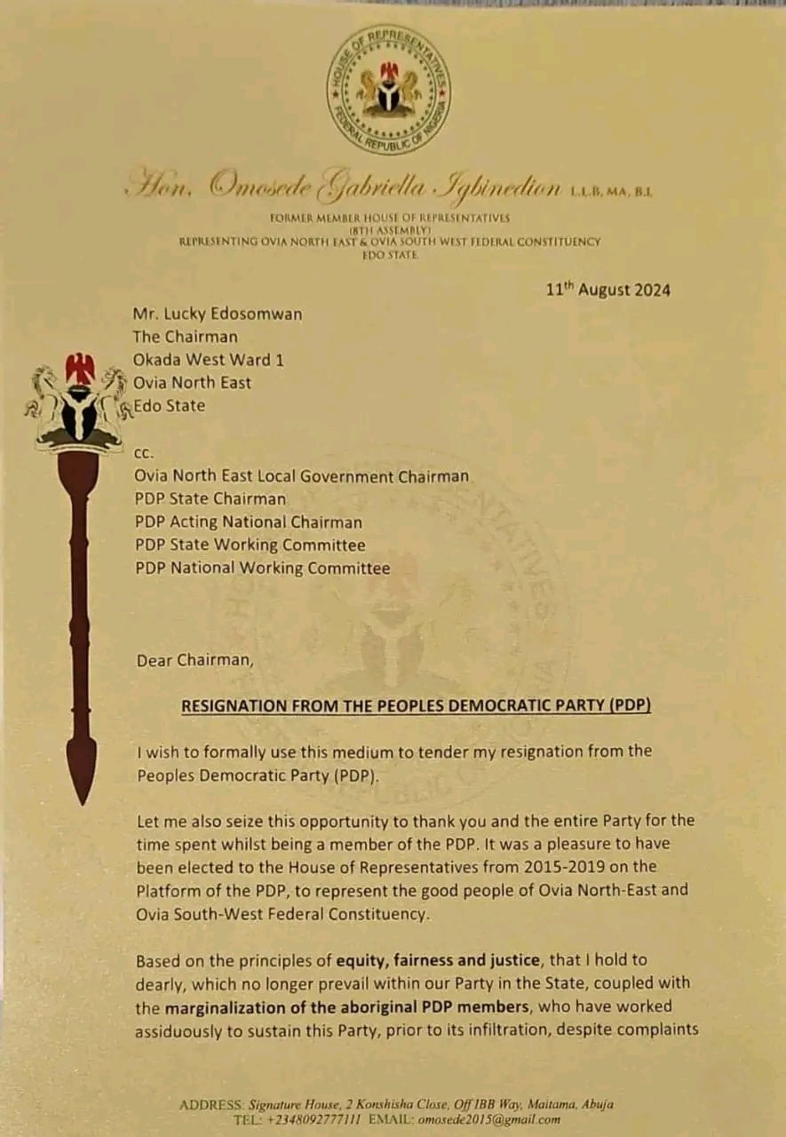 Omosede Igbinedion resigns from PDP, owed to injustice