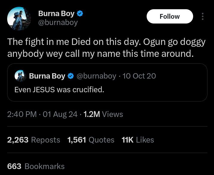 Outrage, as Burna Boy vowed not to fight for Nigerians since #Endsars 