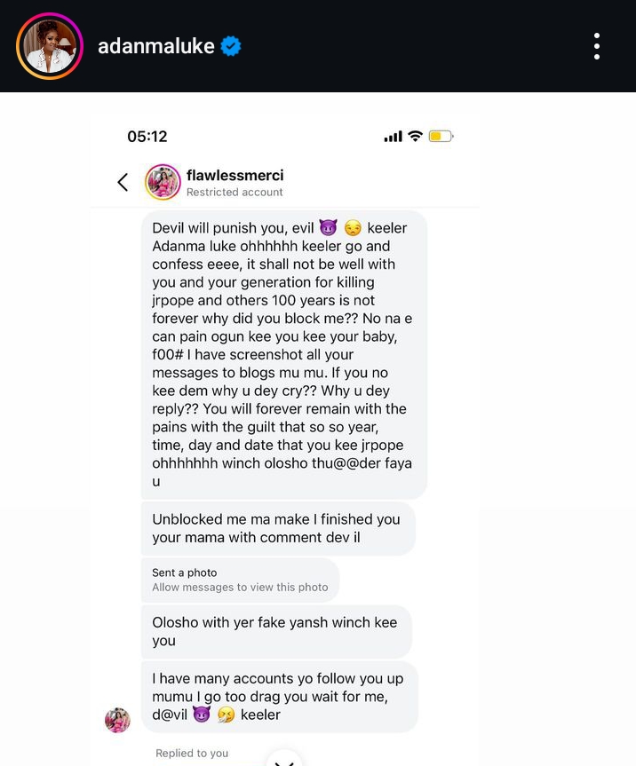 Adanma speaks out against woman wishing her and child d3ath 