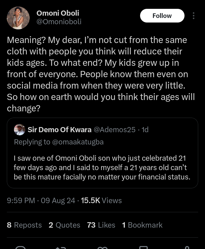 Omoni Oboli reacts to allegations of reducing son's age