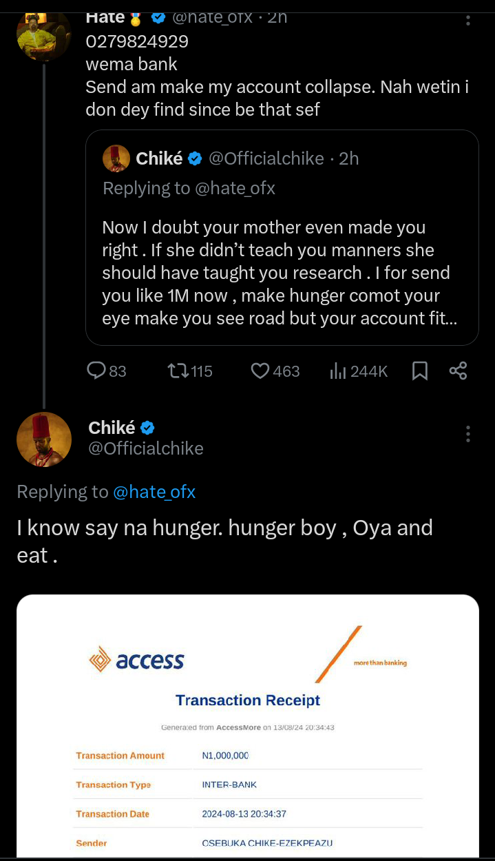Chike blesses Troll with N1M after heated exchange