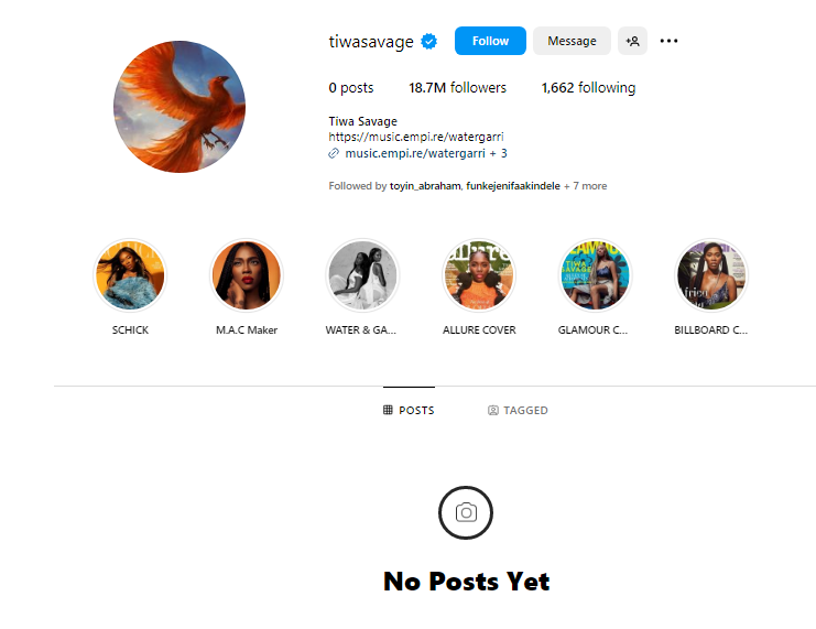 Tiwa Savage deletes all photos on Instagram page