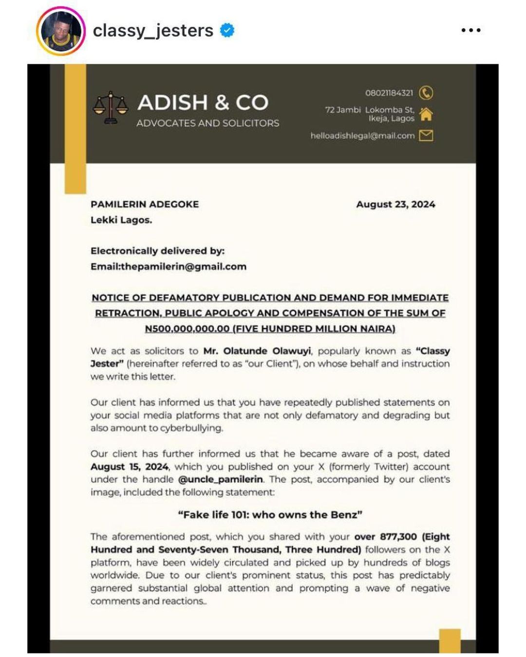 Classy Jesters slams N500m lawsuit on Pamilerin over defamation