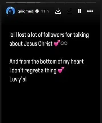 Upcoming singer, Qing Madi speaks about losing followers after preaching the gospel