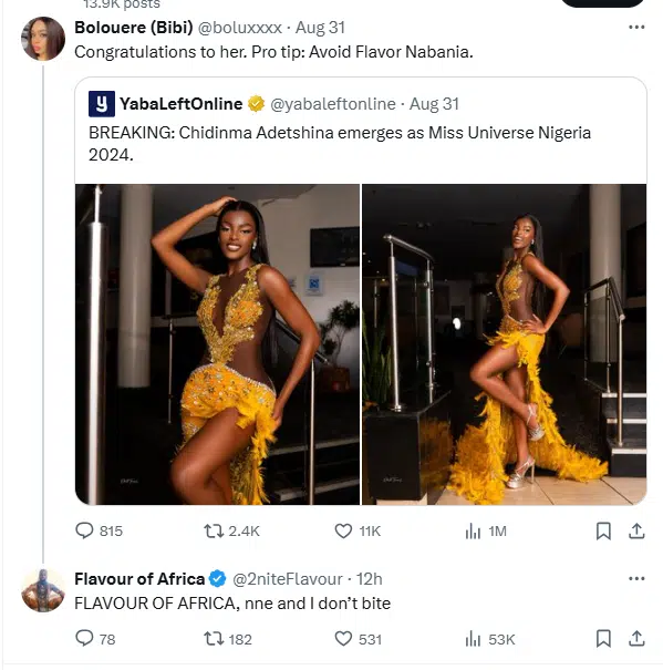 Flavour reacts after lady advices Chidimma Adetshina to avoid him