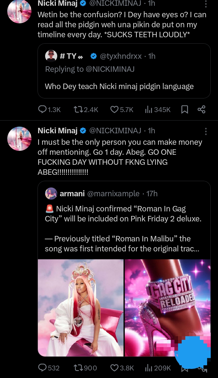 Nicki Minaj sparks surprise with Pidgin English response on X