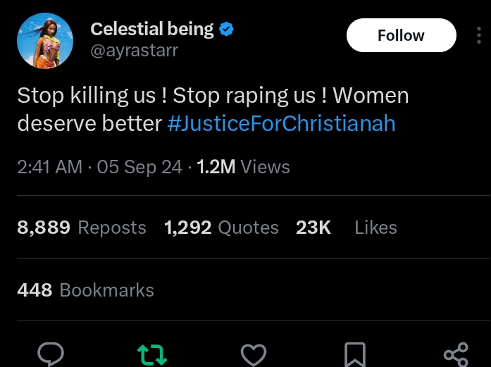 Ayra Starr condemns the d3ath of FUNAAB female student