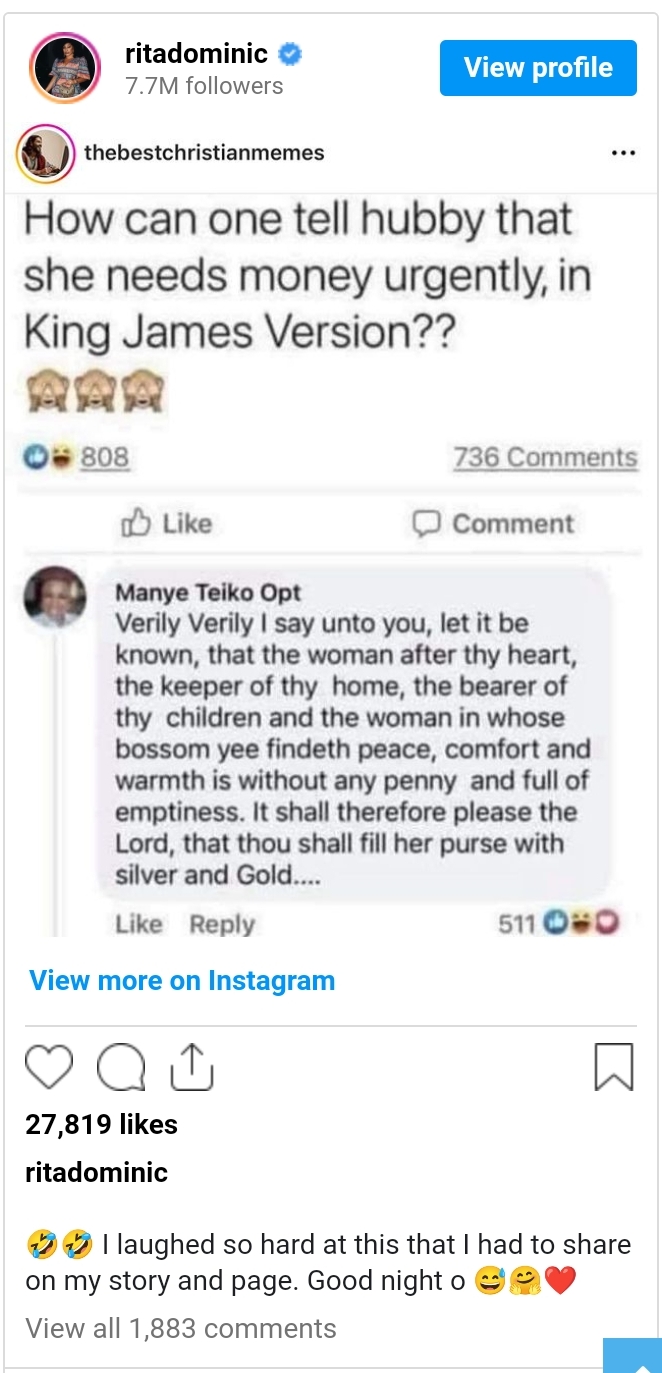 Rita Dominic shares humorous post on 'biblical way' women can ask men for money