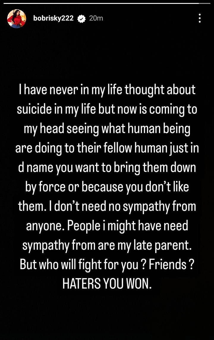 HATERS YOU WON! Bobrisky talks Su!c!de 2 Bobrisky writes about S3icide amidst Falz and VeryDarkMan controversy
