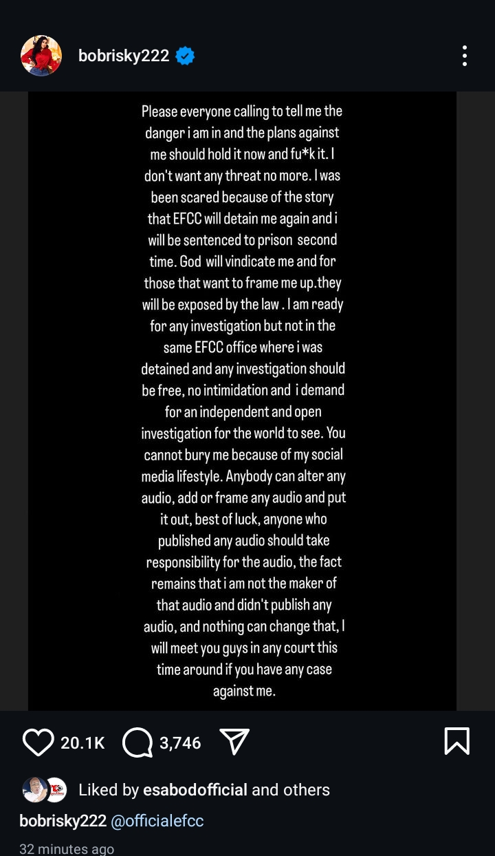 Bobrisky challenges EFCC in court, hours after s3icidal thought