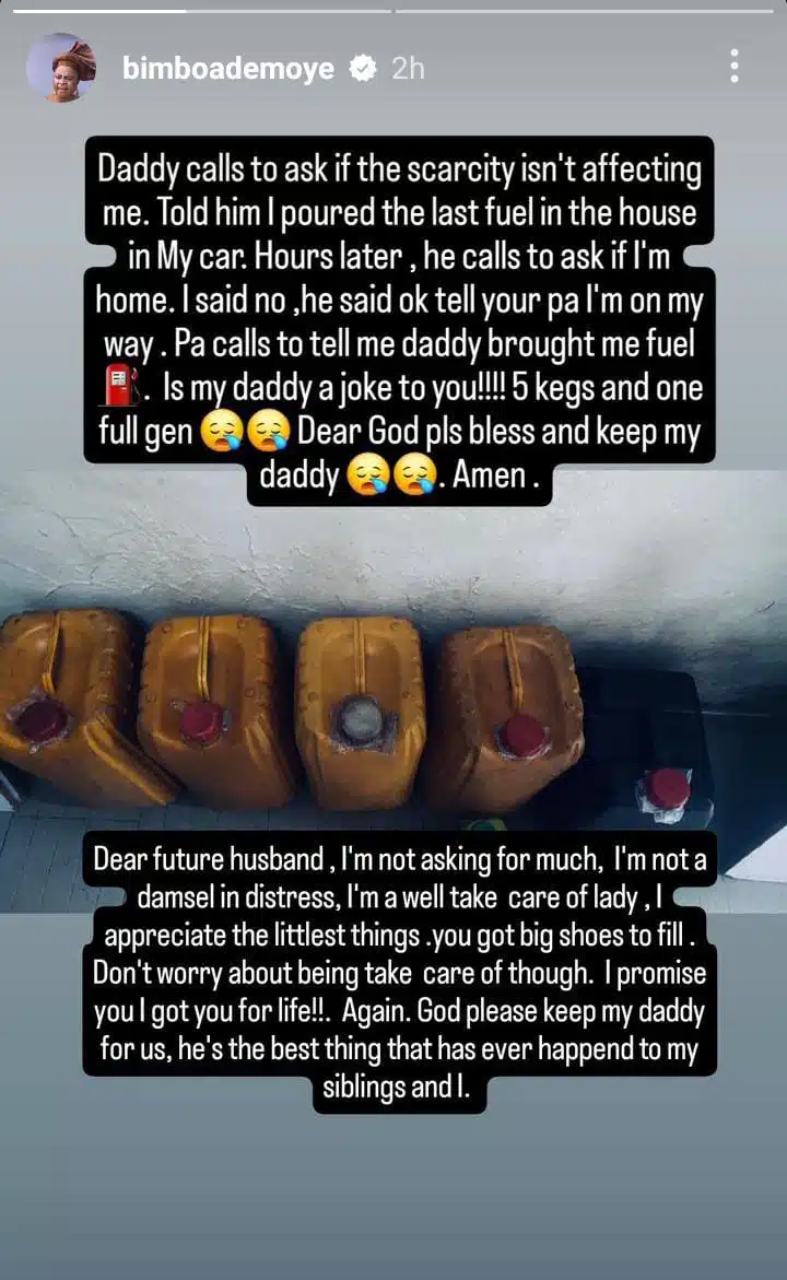 Bimbo Ademoye praises dad's generosity amid fuel price hike