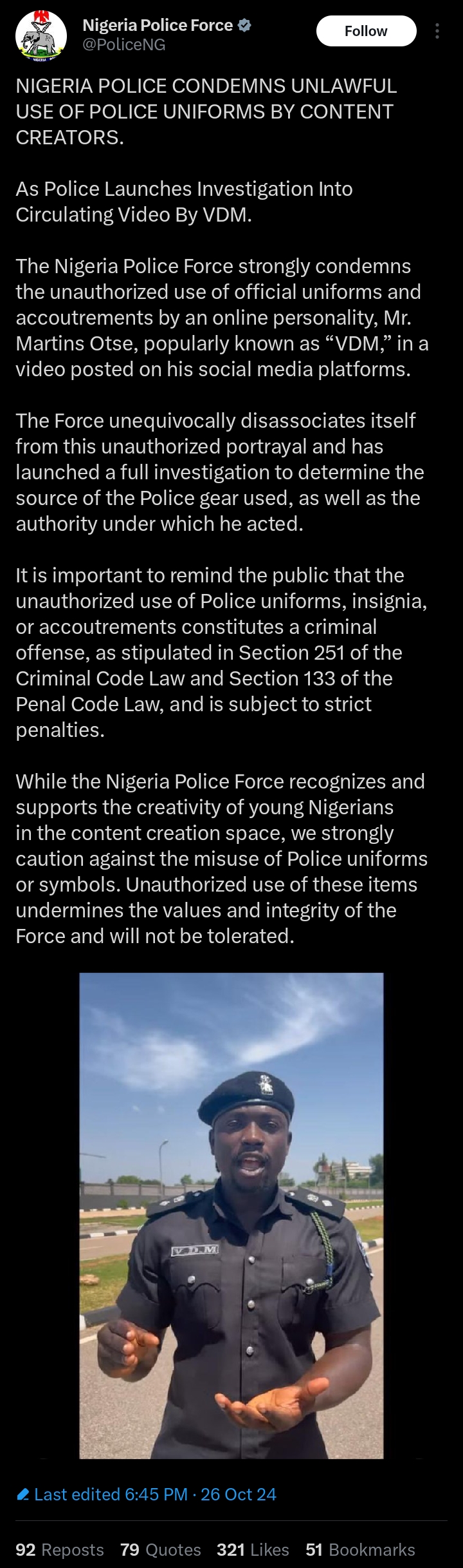 Police condemns unauthorized use of uniforms by VDM