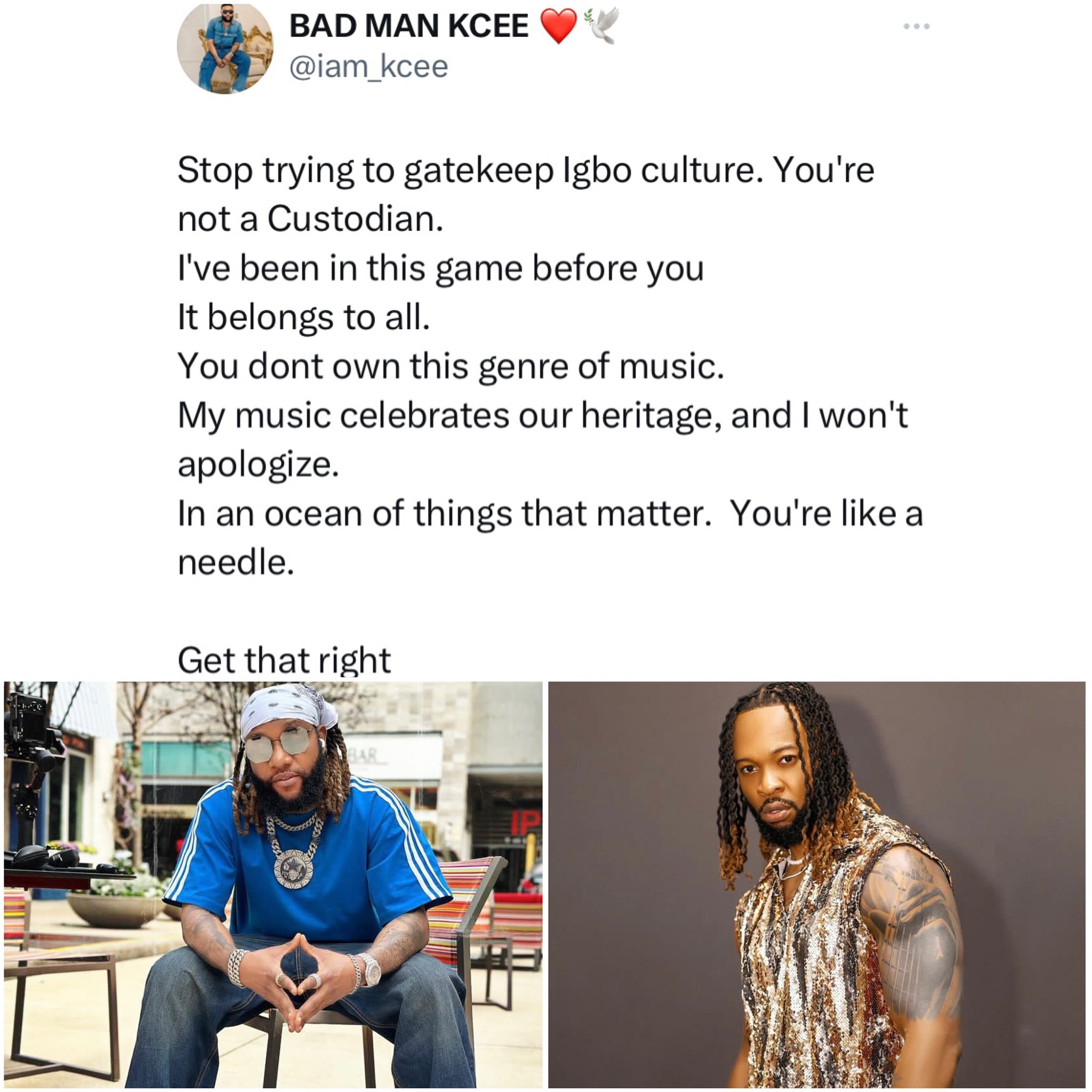 Kcee fires back at Flavour's "copy" jab