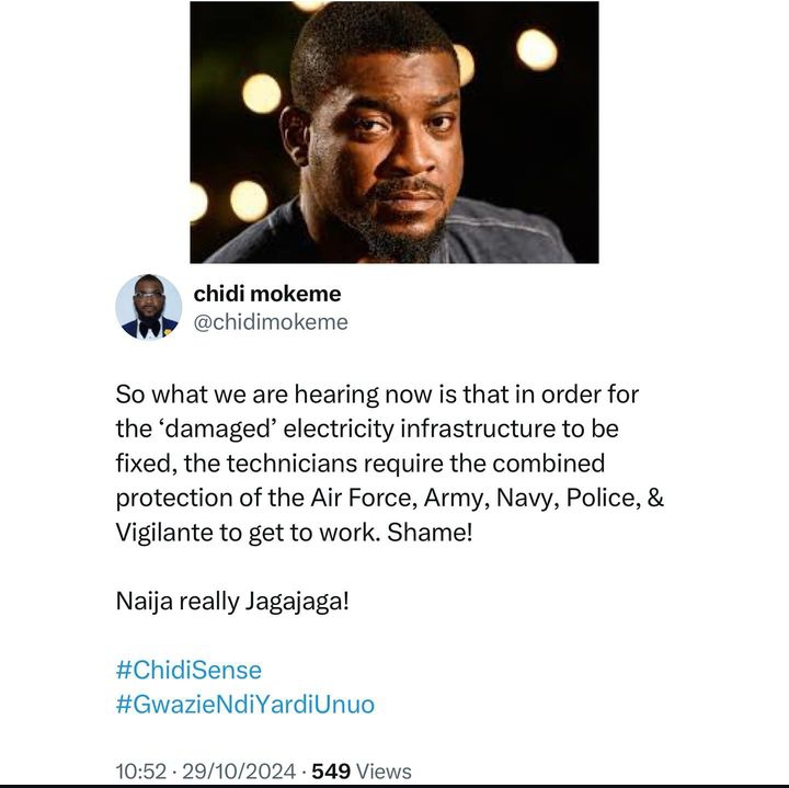 Chidi Mokeme criticizes need for Military protection for power repair