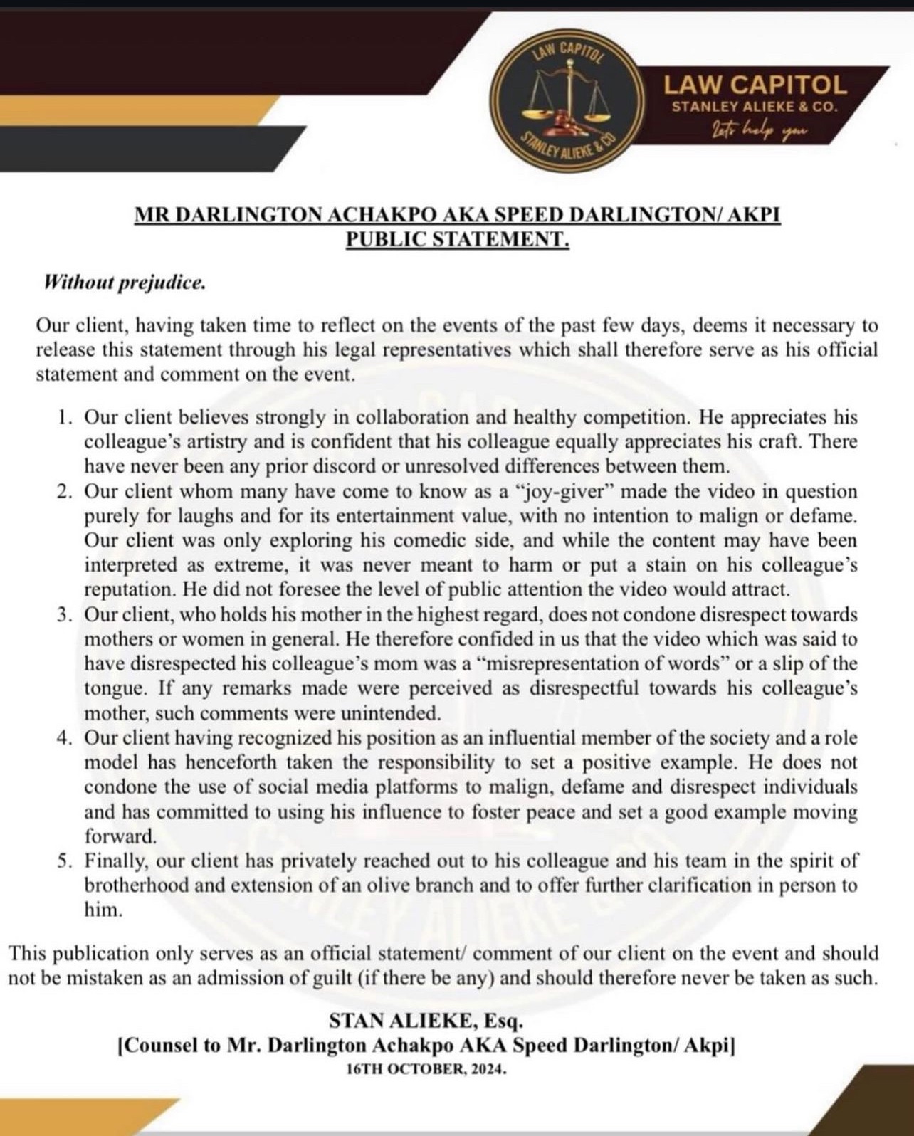 Speed Darlington apologizes to Burna Boy, denies defamation intent