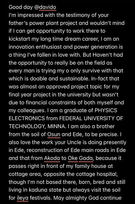 Graduate appeals to Davido for job at his father’s $2b power plant