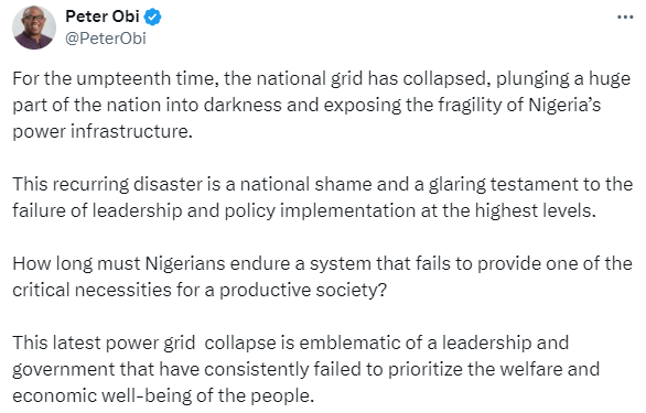 Grid collapse is national shame - Peter Obi