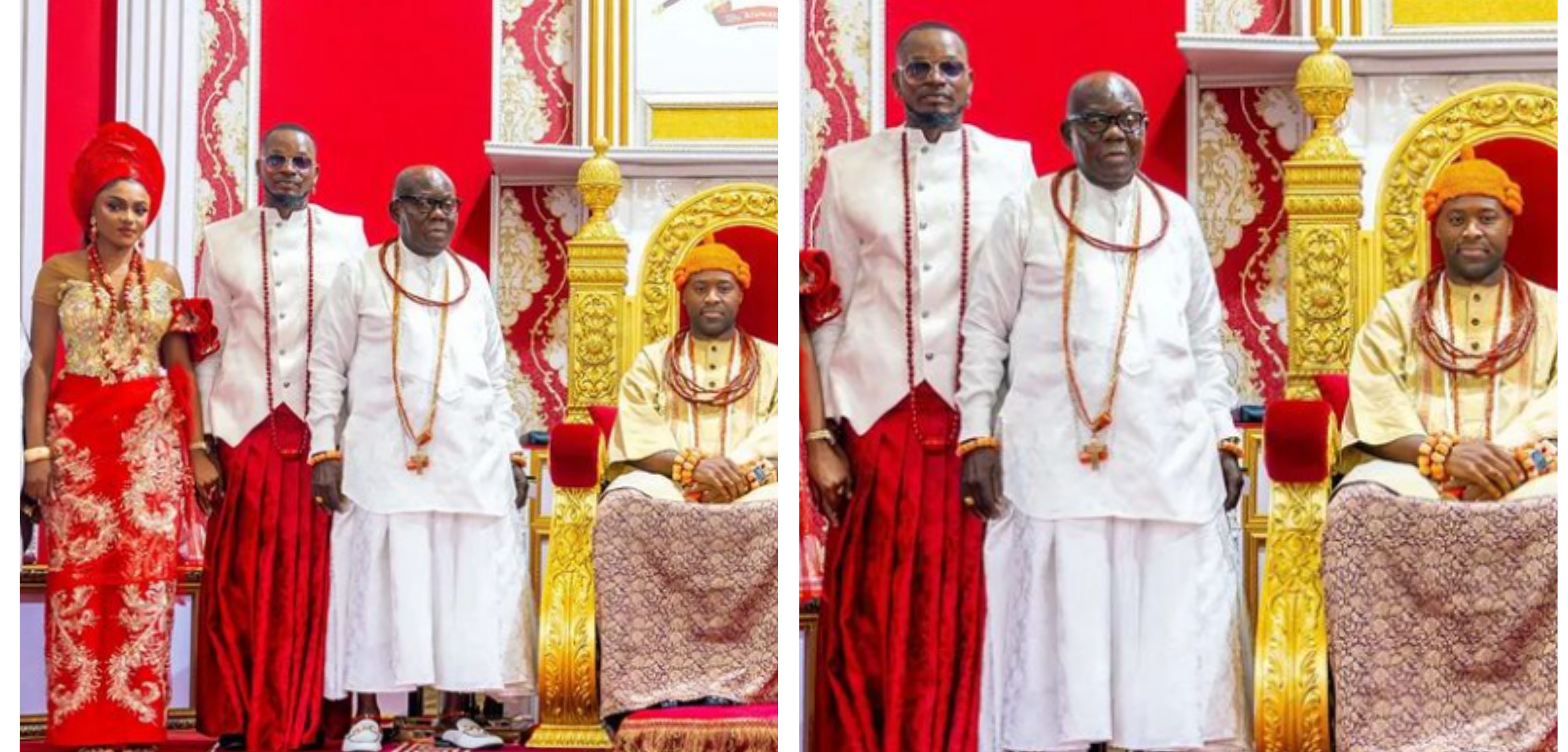 BBN's Kellyrae Sule and wife Kassia visit Olu of Warri in Traditional itsekiri attire BBN's Kellyrae Sule and wife Kassia visit Olu of Warri in Traditional itsekiri attire