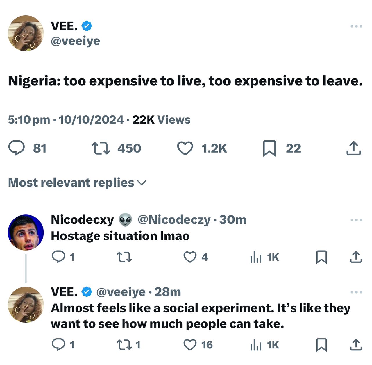 Vee expresses frustration regarding economic hardship