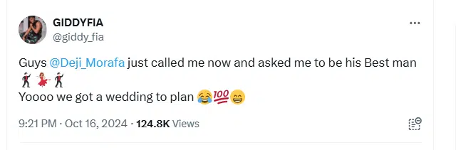 Giddyfia announced as Best Man on Deji Morafa's wedding