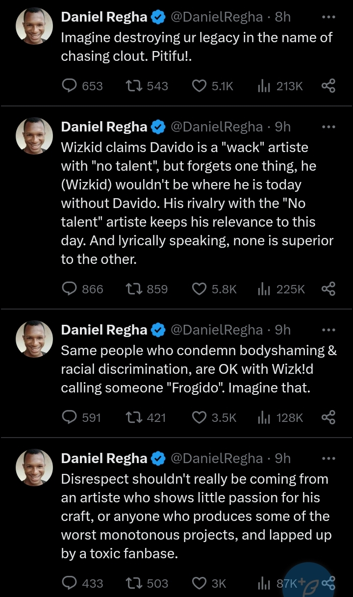 Daniel Regha slams Wizkid for attacking Davido to gain attention