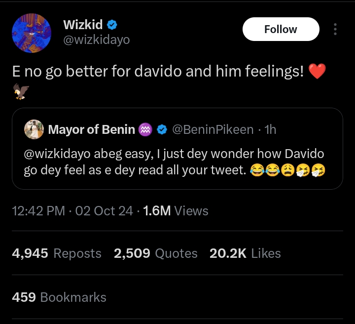E no go better for Davido feelings — Wizkid 