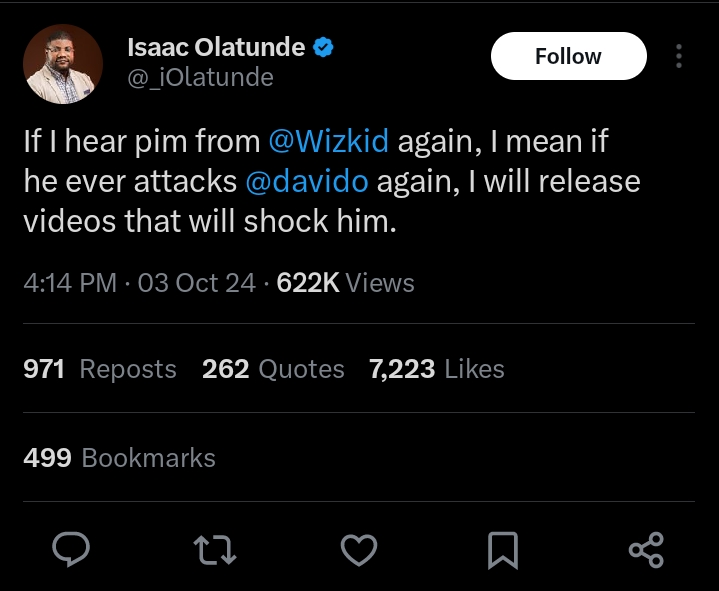 Influencer, Isaac Olatunde threatens to expose Wizkid if he attacks Davido 