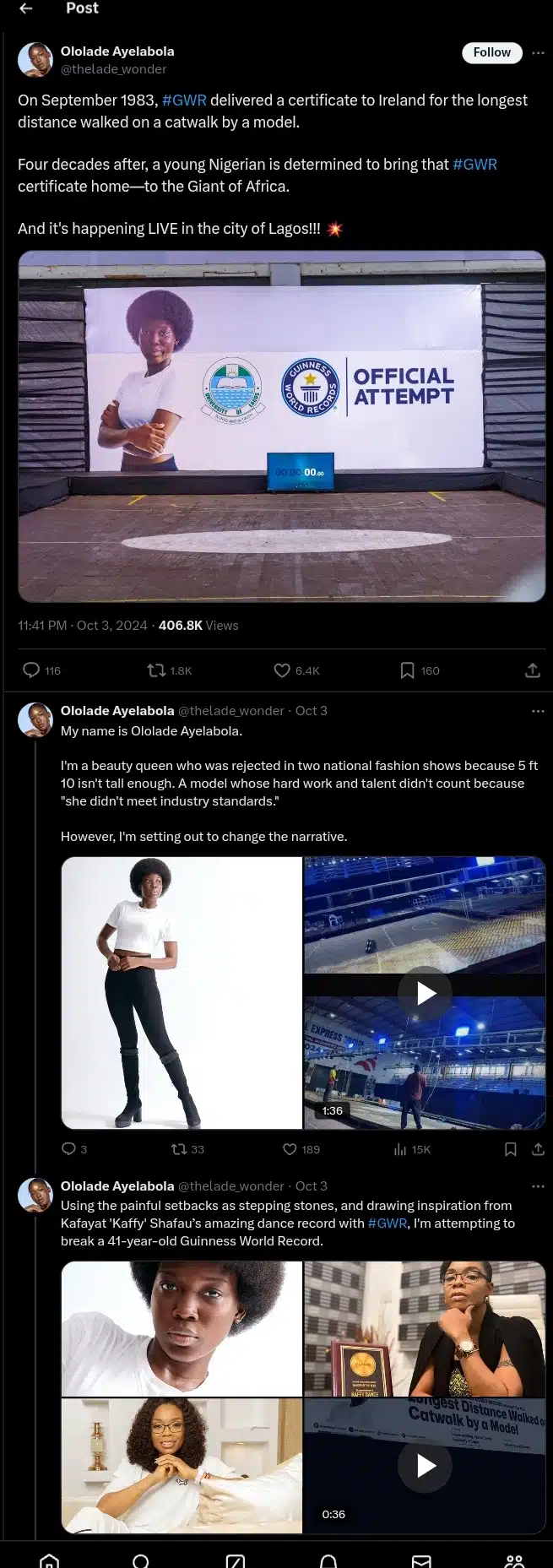Nigerian model attempts to break Guinness World Record for catwalk