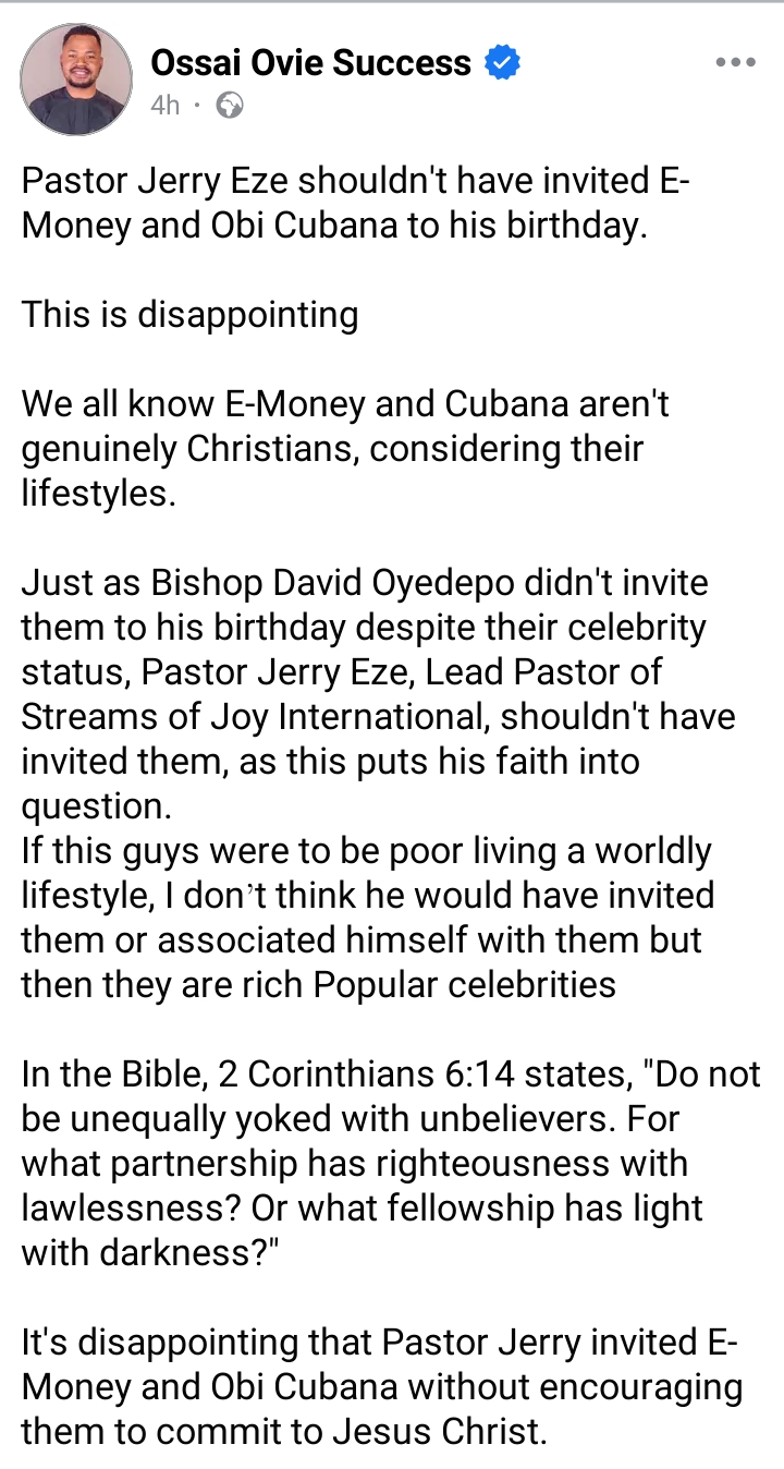 Ossai Success criticizes Pastor Jerry Eze for Inviting E-Money and Obi Cubana to birthday party