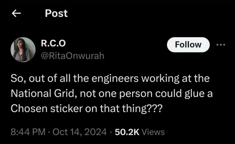Woman suggests using 'chosen sticker' to fix National Power Grid