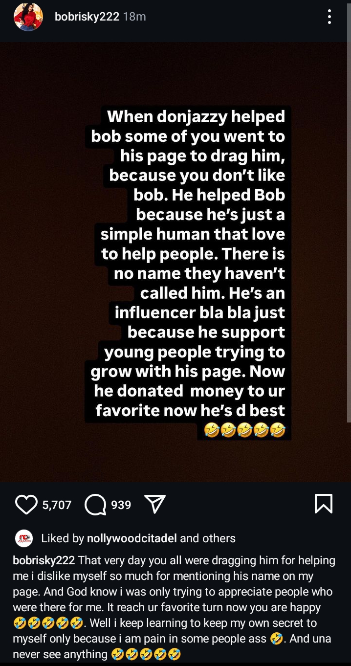 Bobrisky slams hypocrites After Don Jazzy's N100m donation