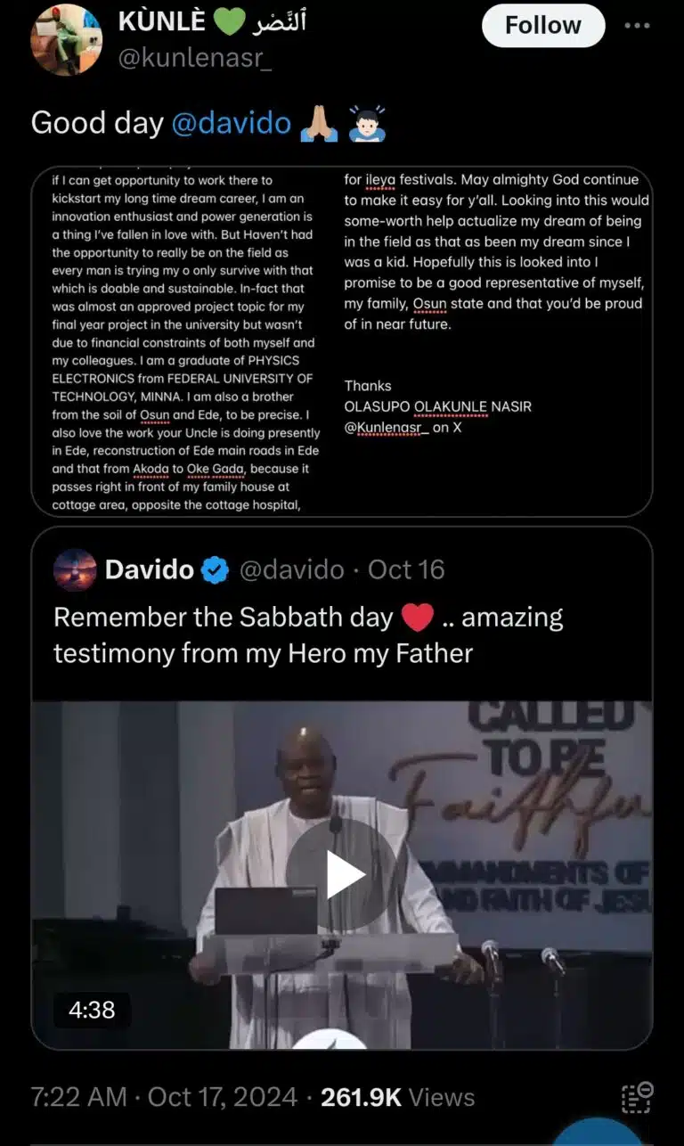 Graduate appeals to Davido for job at his father’s $2b power plant
