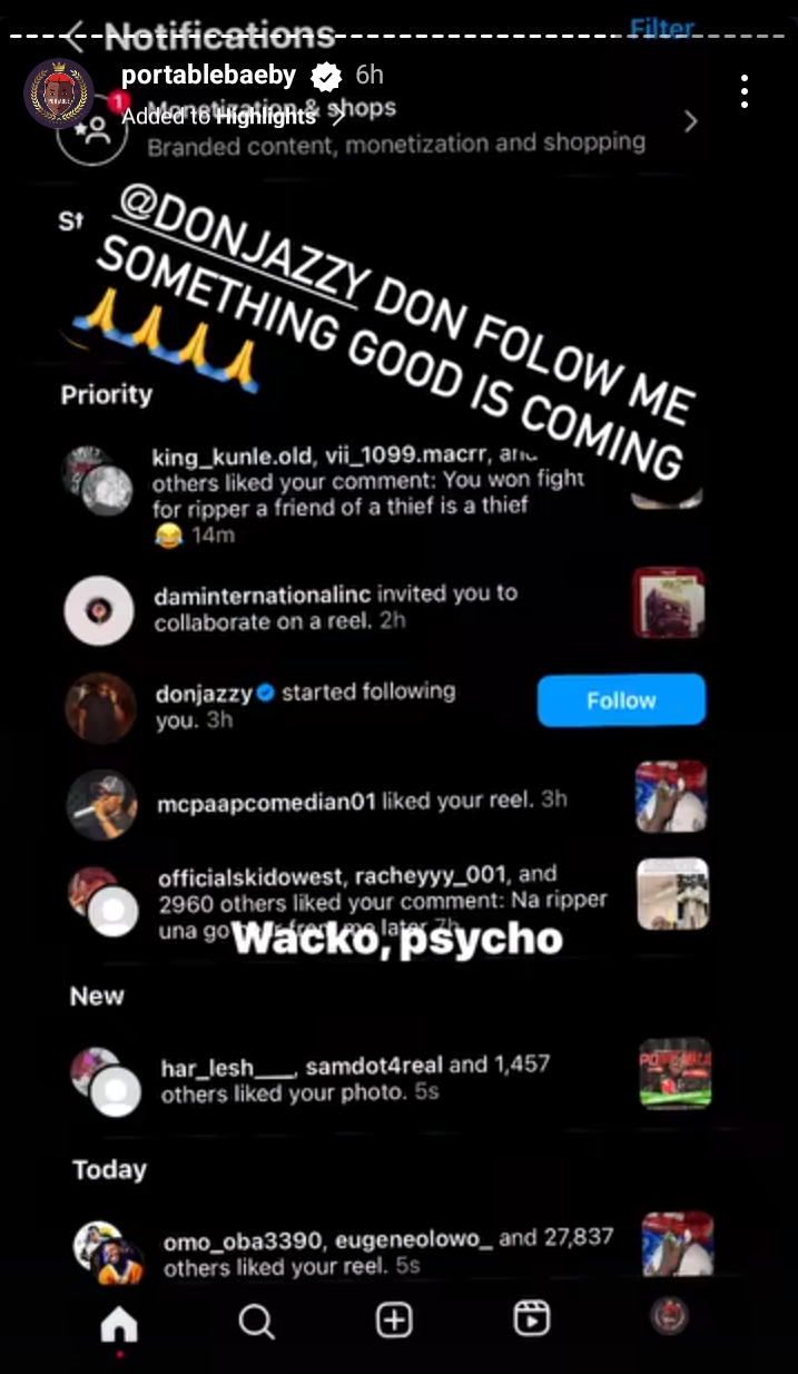 Portable celebrates after being followed by Don Jazzy