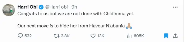 Flavour reacts to hilarious warning about Chidimma Adetshina